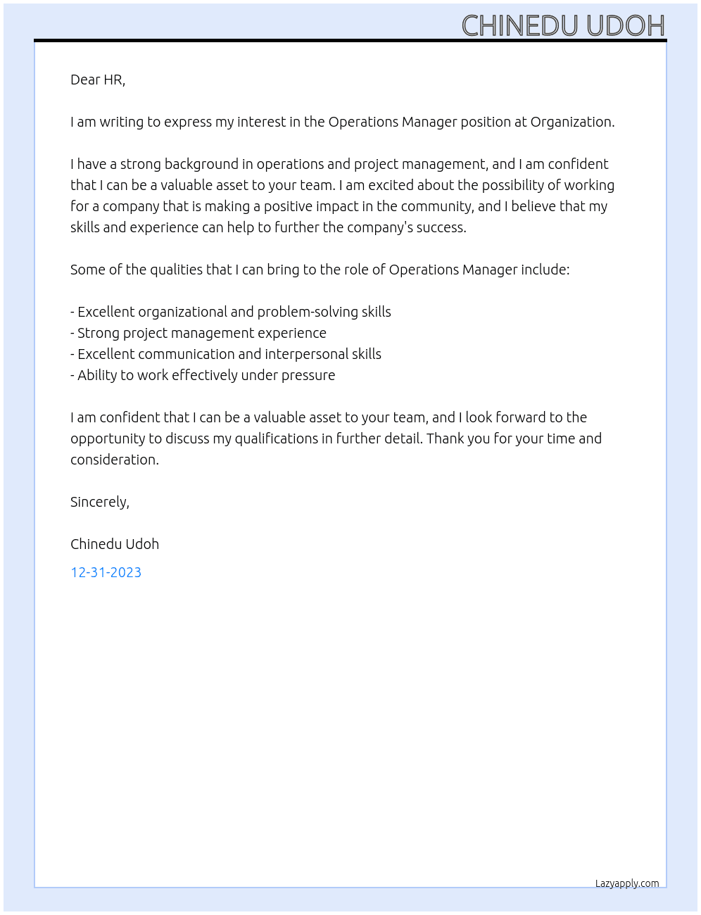 Operation Manager  At Organization  Cover Letter