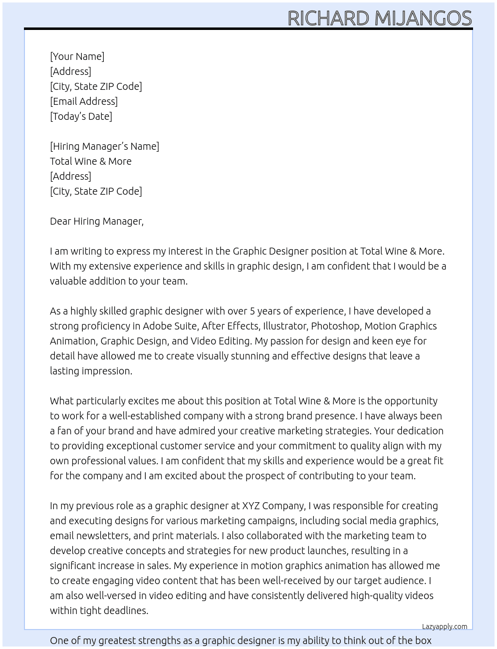 Graphic Designer At Total Wine & More Cover Letter