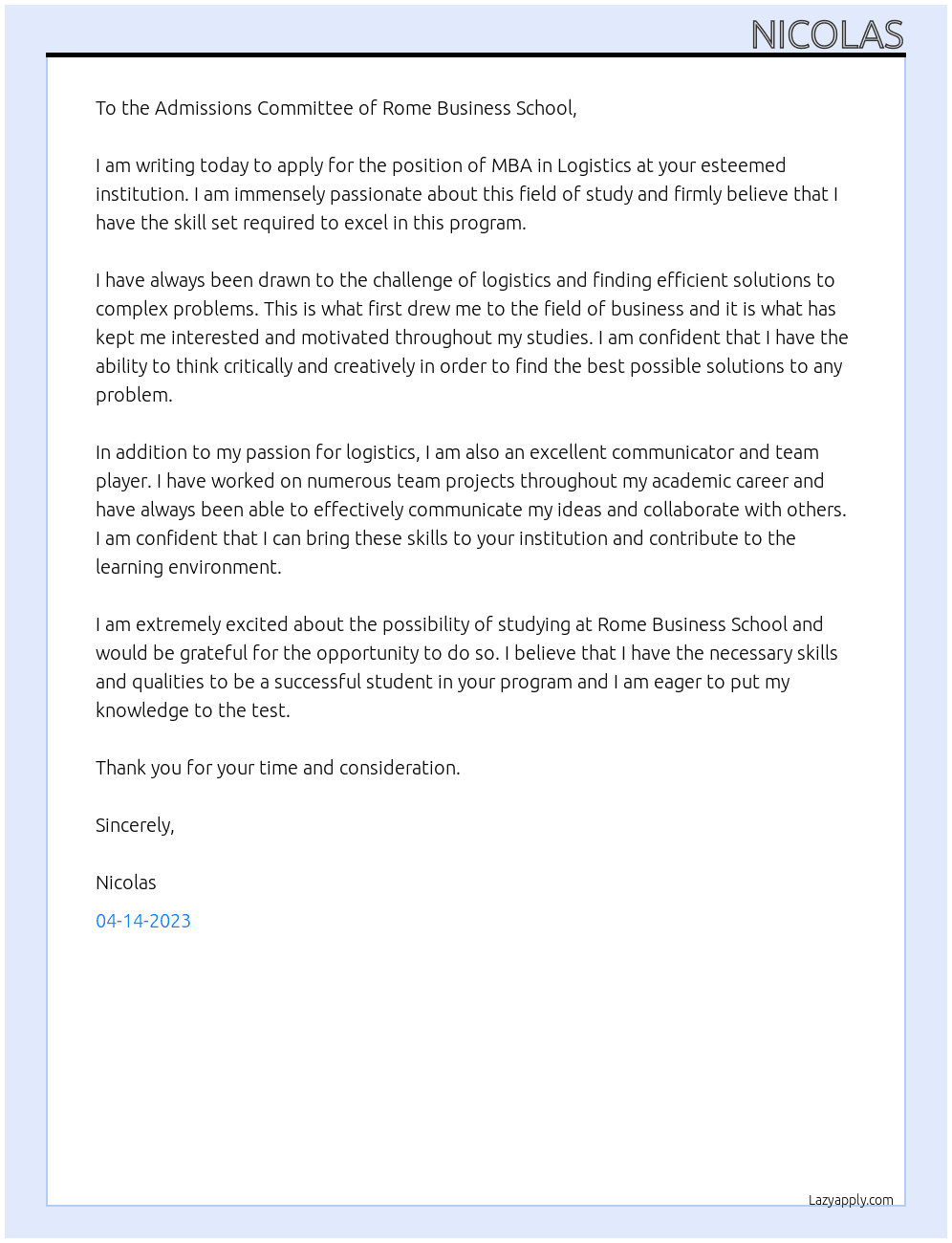 MBA in Logistics At Rome Business School Cover Letter