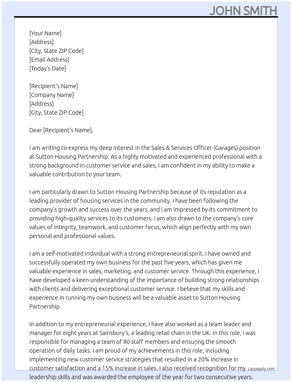 Sales & Services Officer (Garages) At Sutton Housing Partnership Cover Letter
