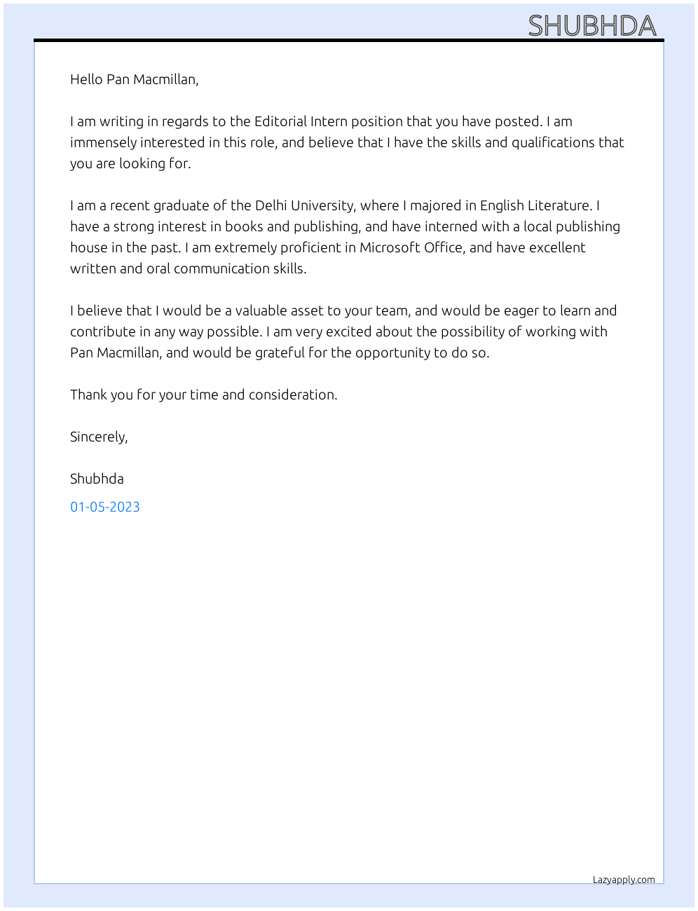 Editorial Intern At Pan Macmillan  Cover Letter