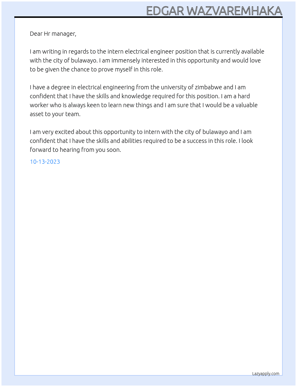 intern electrical engineer At city of bulawayo  Cover Letter