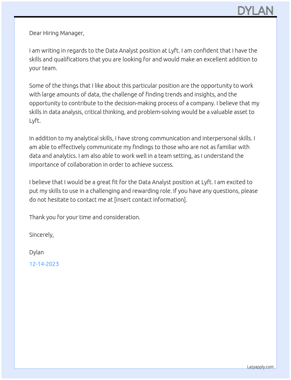 Data Analyst At Lyft Cover Letter