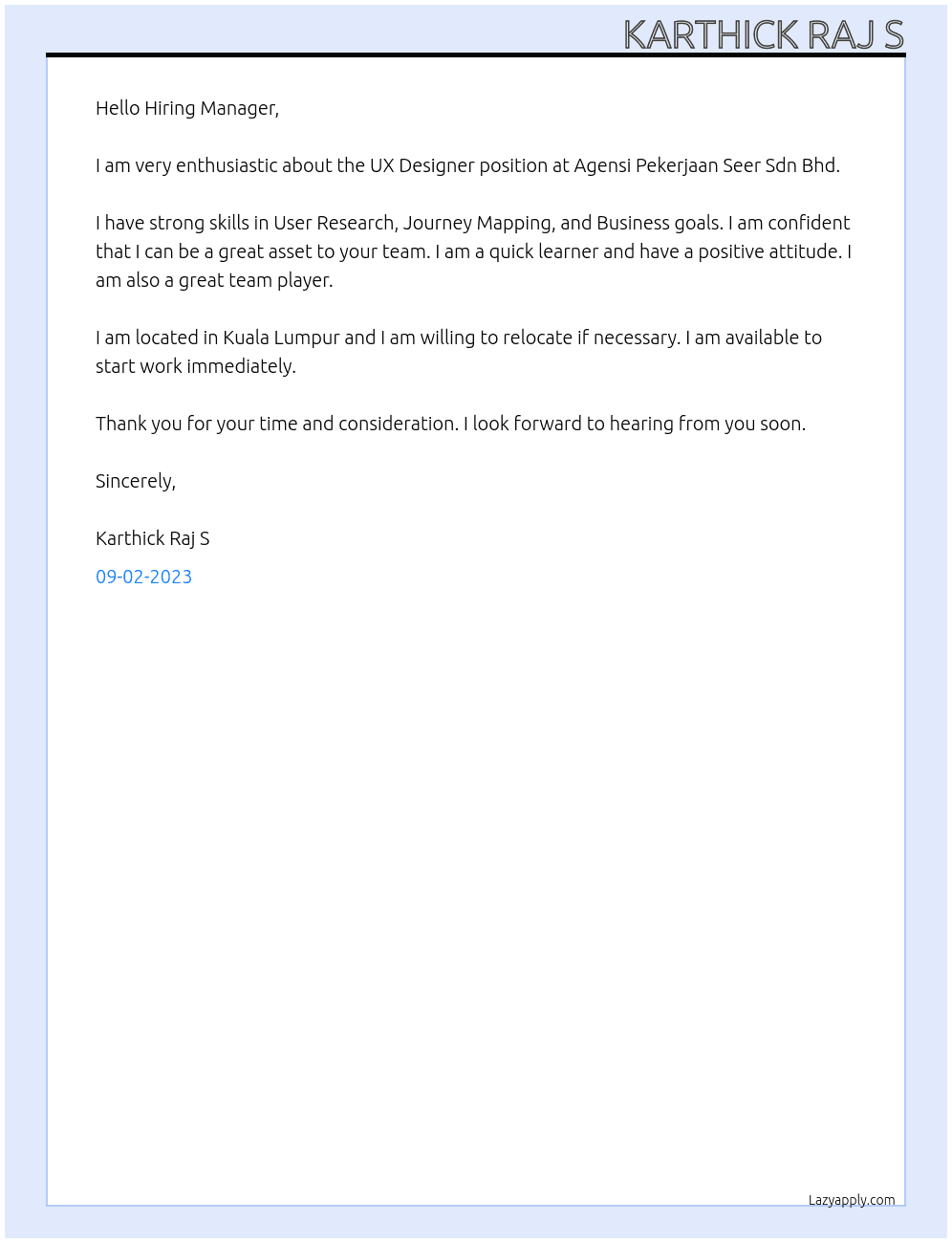 UX Designer At Agensi Pekerjaan Seer Sdn Bhd Cover Letter