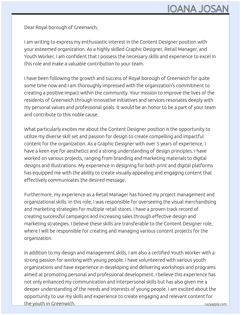 Content Designer At Royal borough of Greenwich Cover Letter