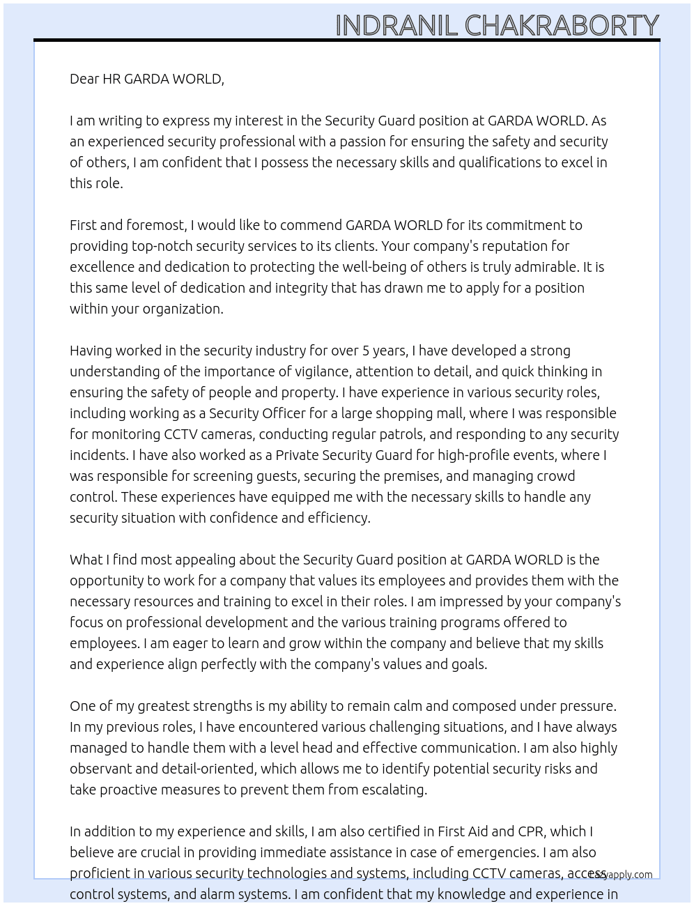 Security Guard At GARDA WORLD Cover Letter