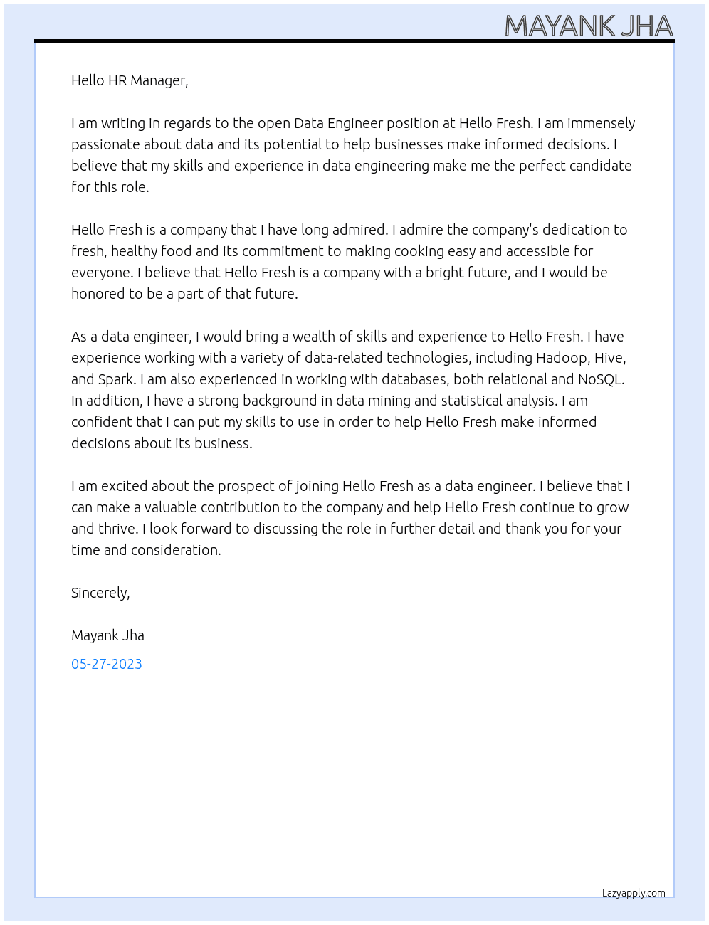 Data Engineer At Hello Fresh Cover Letter