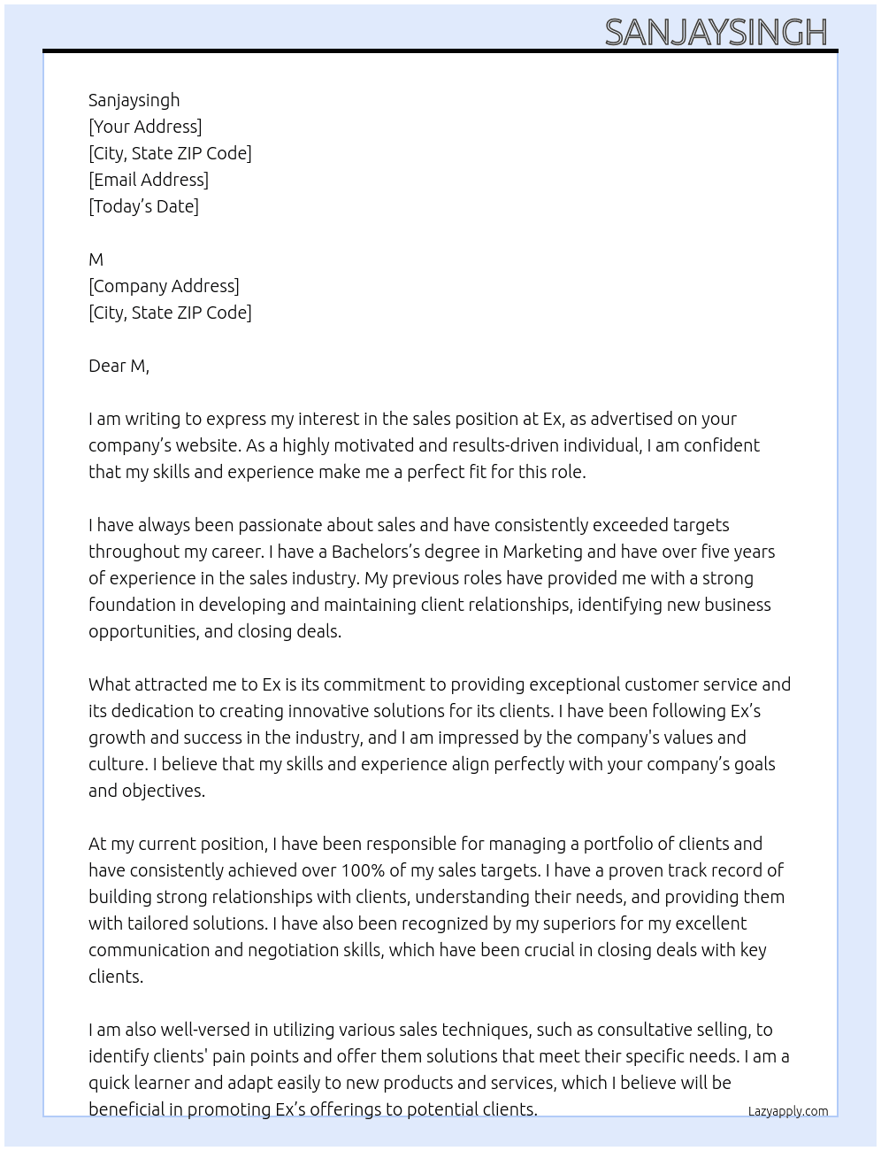 sales At ex Cover Letter