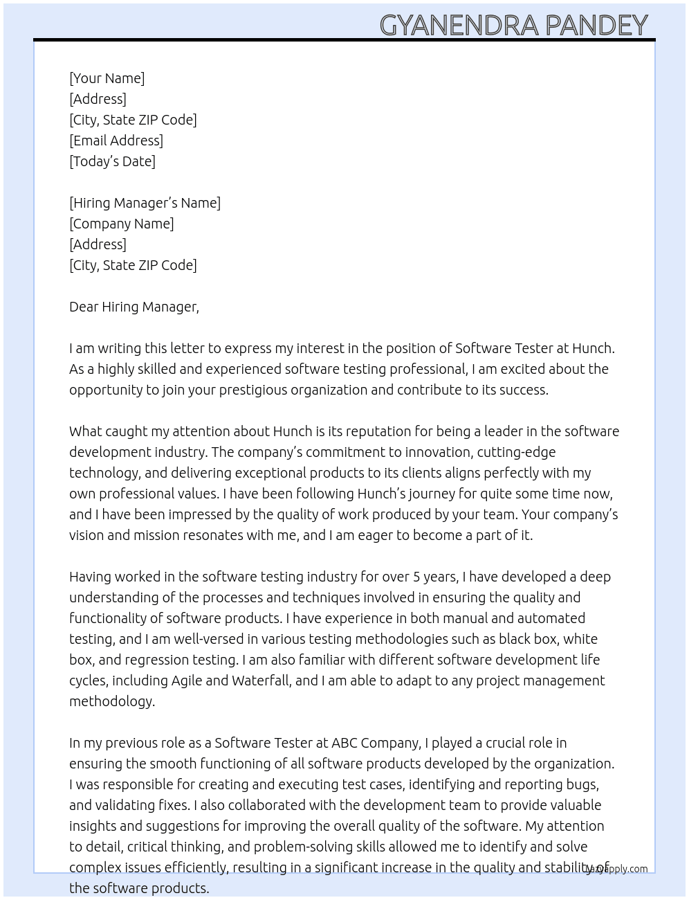 Software Tester At Hunch Cover Letter