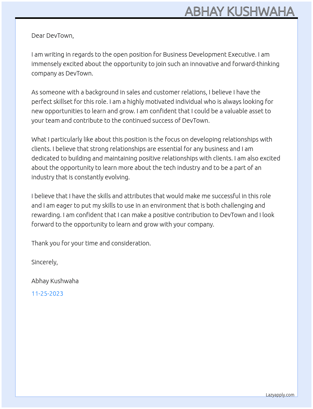 Buisness Development Executive  At DevTown Cover Letter