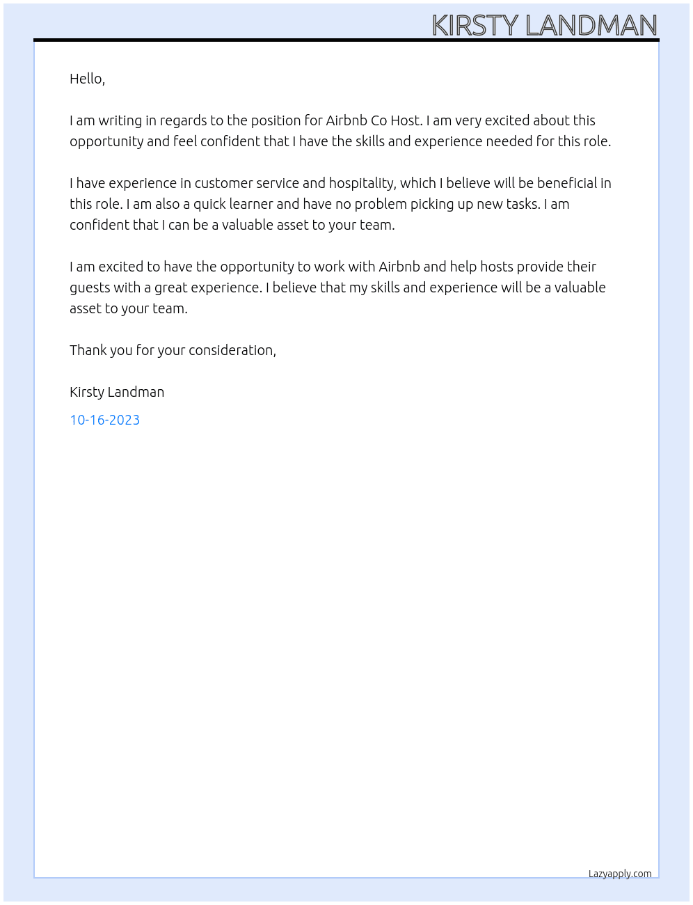 Virtual co host  At Airbnb Co Host Cover Letter