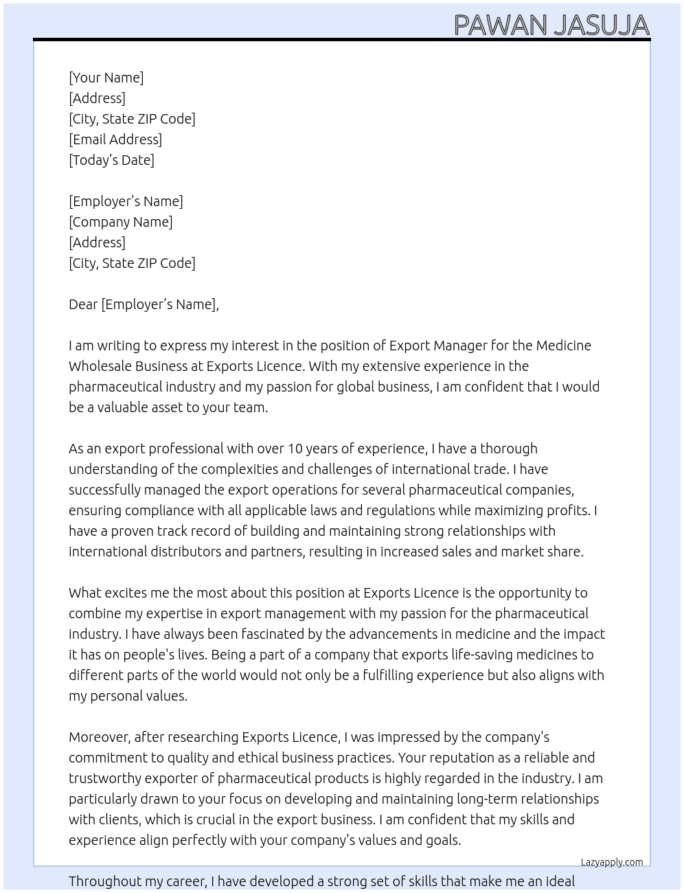 Medicine wholesale business  At Exports licence  Cover Letter