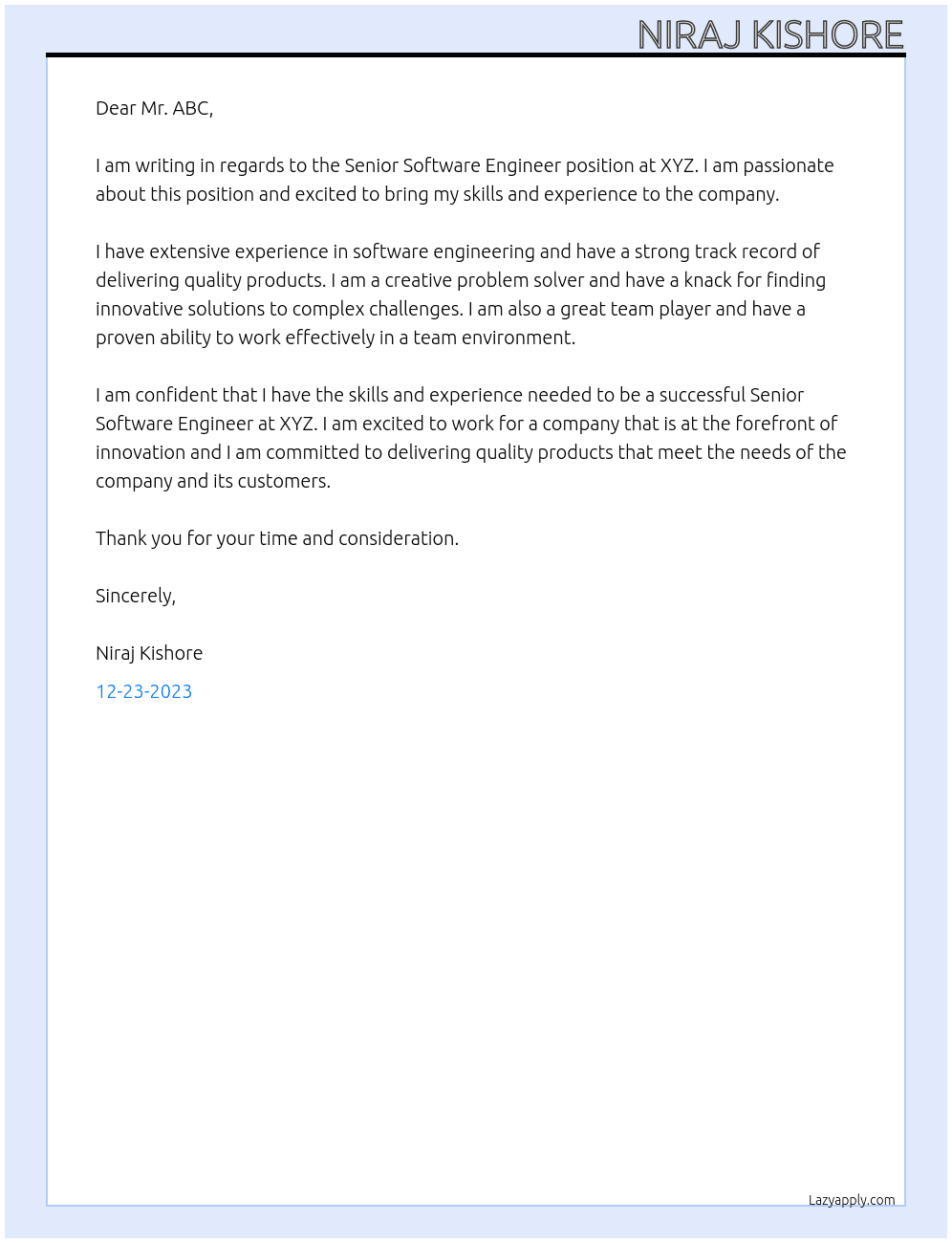 Senior Software Engineer At XYZ Cover Letter