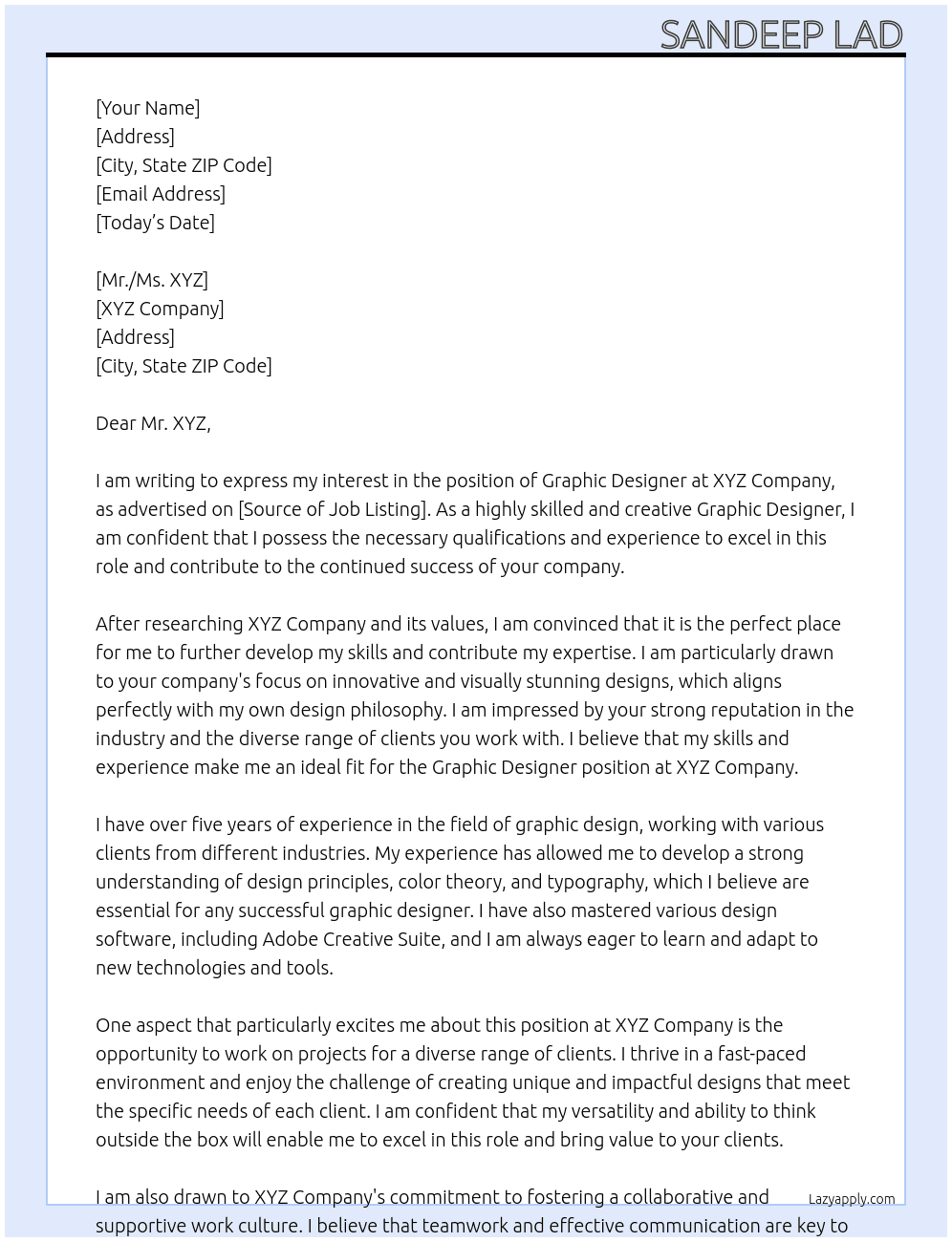 Graphic Designer At XYZ Company Cover Letter
