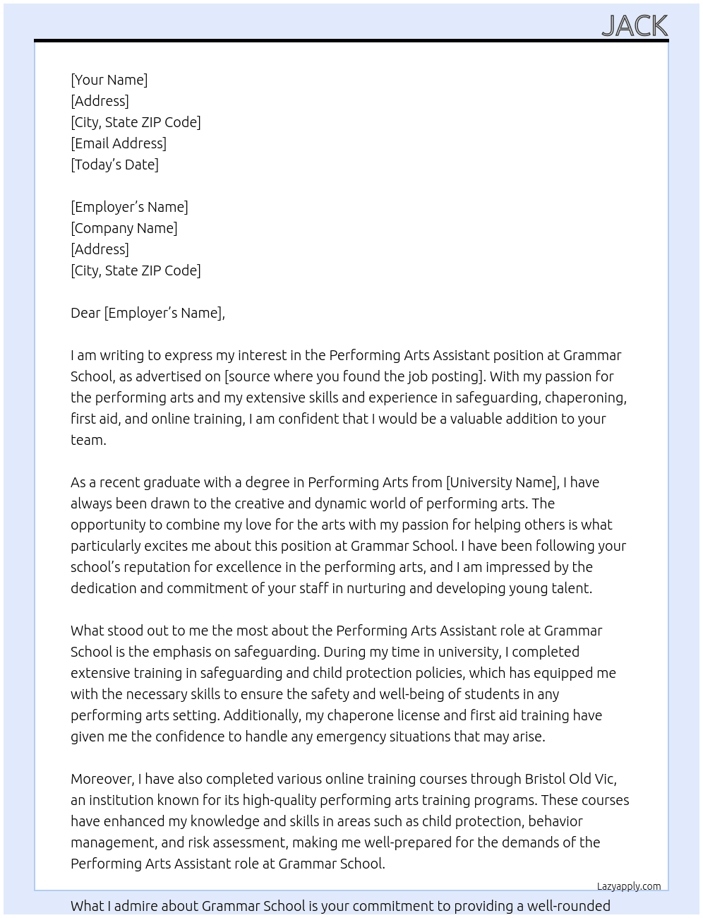 Cover letter for performing arts assistant - LazyApply