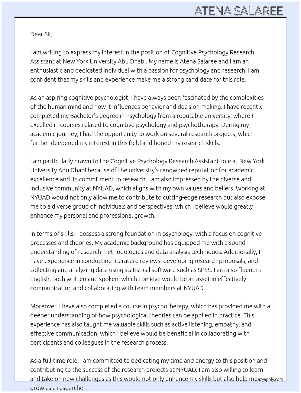 Cognitive Psychology Research assistant  At New York University abu Dhabi  Cover Letter