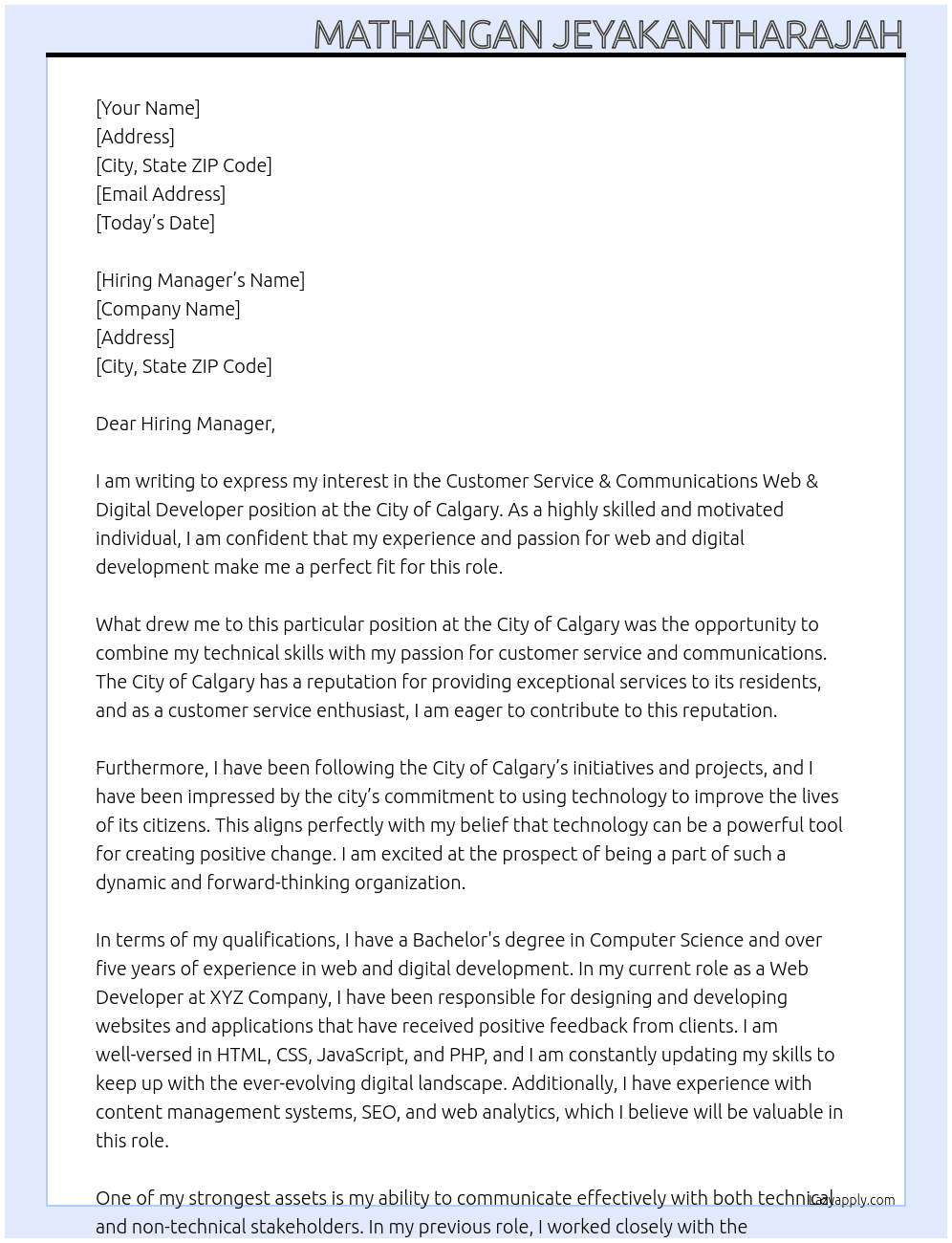 Customer Service & Communications Web & Digital Developer At City of Calgary Cover Letter