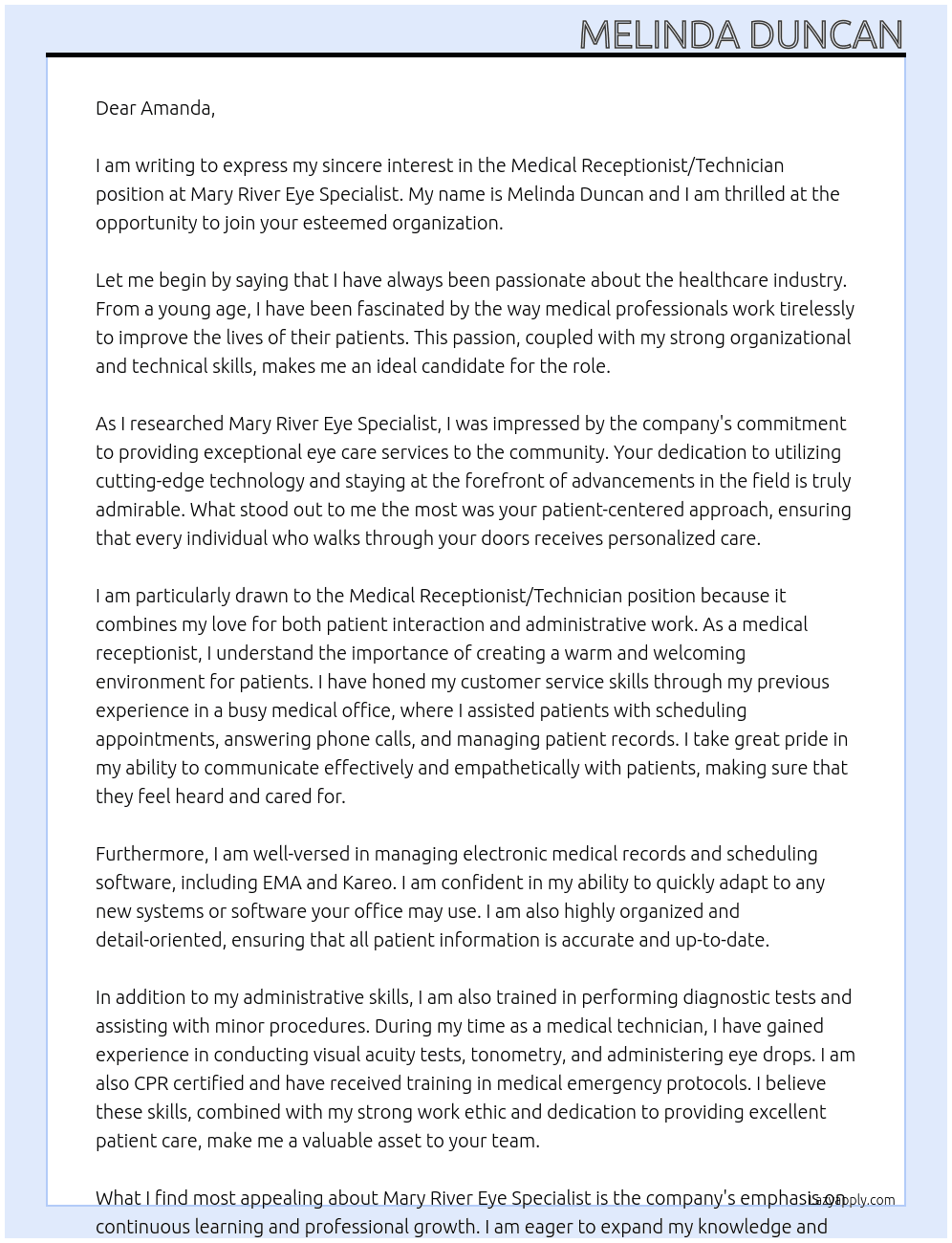 Medical receptionist/Technician At Mary River Eye Specialist Cover Letter