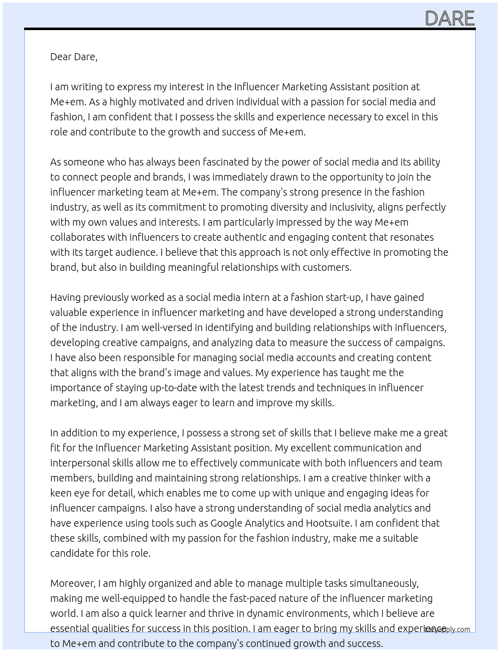 Influencer marketing assistant  At Me+em Cover Letter