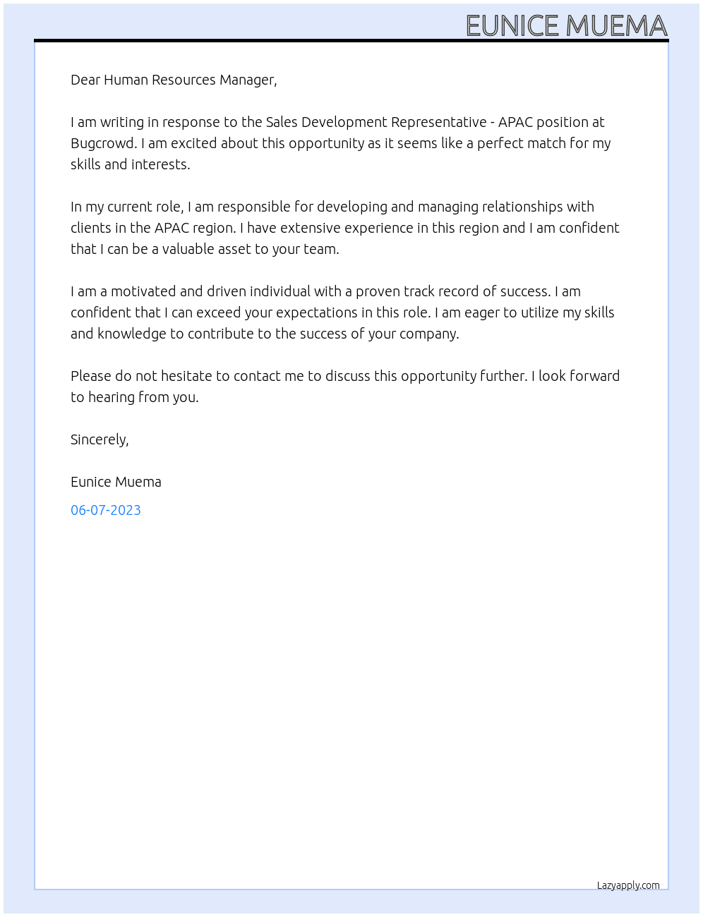 Sales Development Representative - APAC at Bugcrowd ( At APAC Cover Letter