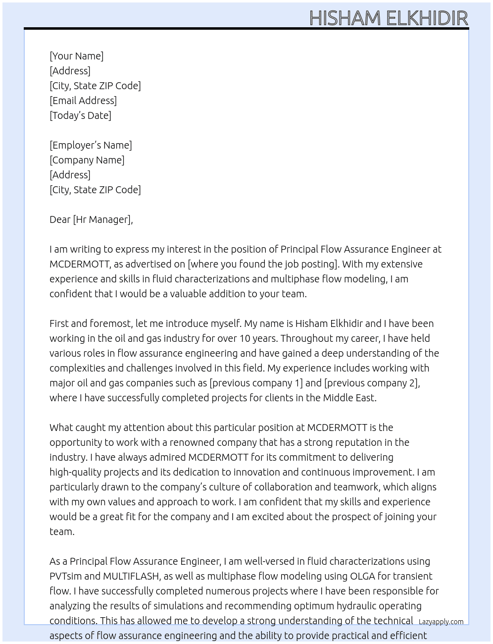 Principal Flow Assurance Engineer At MCDERMOTT Cover Letter