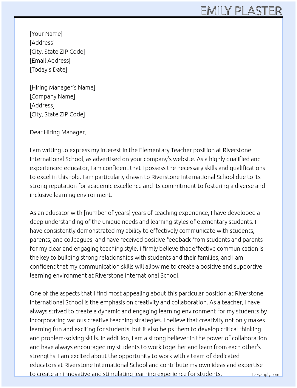Elementary Teacher At Riverstone International School Cover Letter
