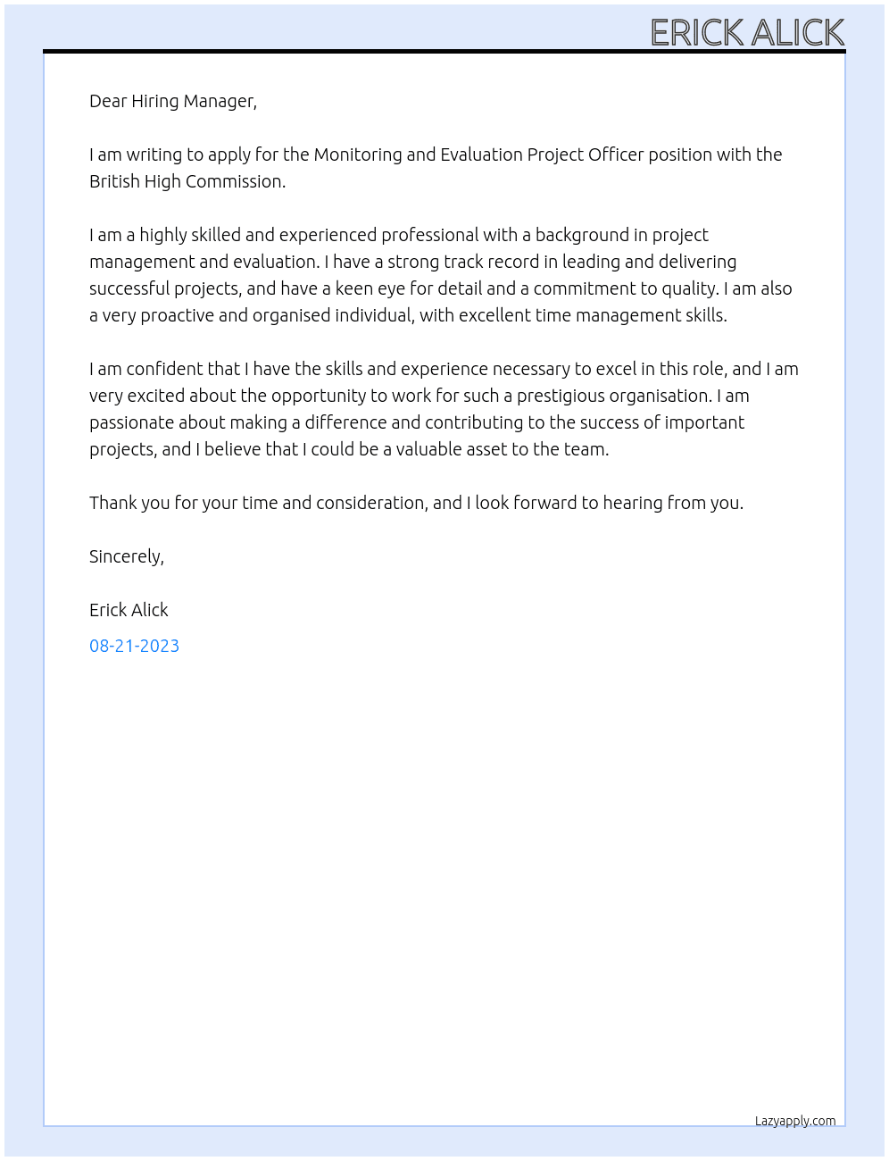 Monitoring and Evaluation Project Officer At British High Commission Cover Letter