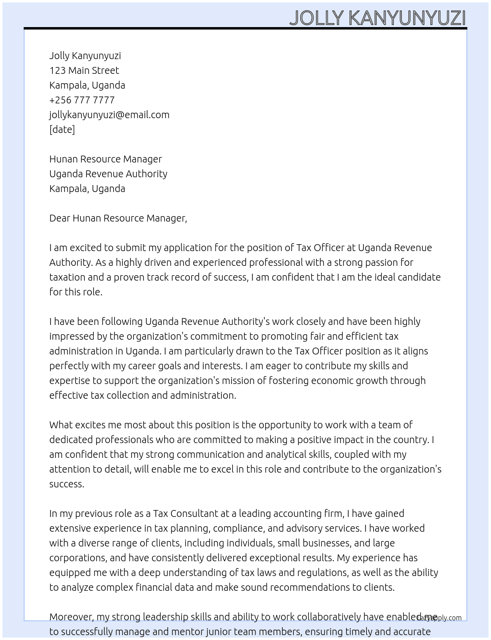 Tax officer At Uganda Revenue Authority Cover Letter