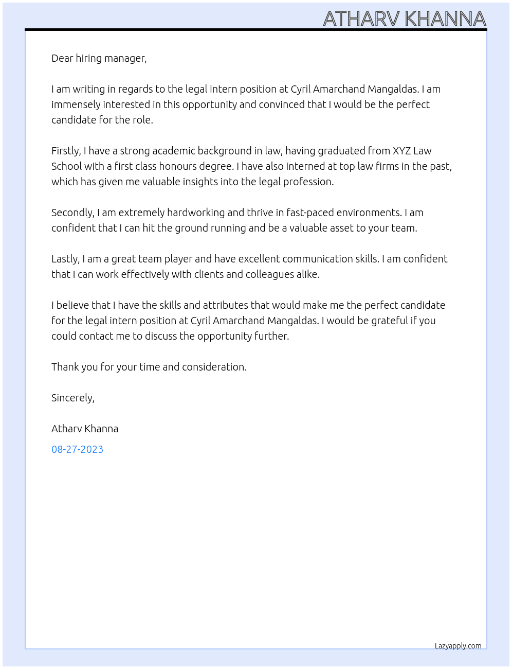 legal intern  At Cyril Amarchand Mangaldas  Cover Letter