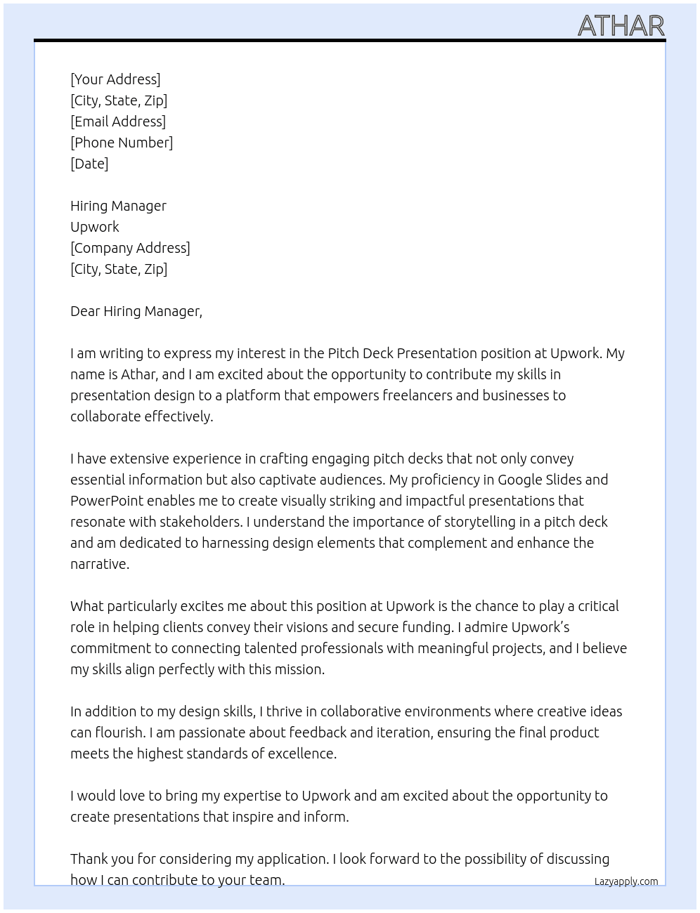 Cover letter for pitch deck presentation - LazyApply
