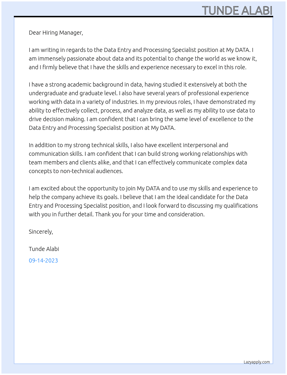Data Entry and Processing Specialist At My DATA Cover Letter
