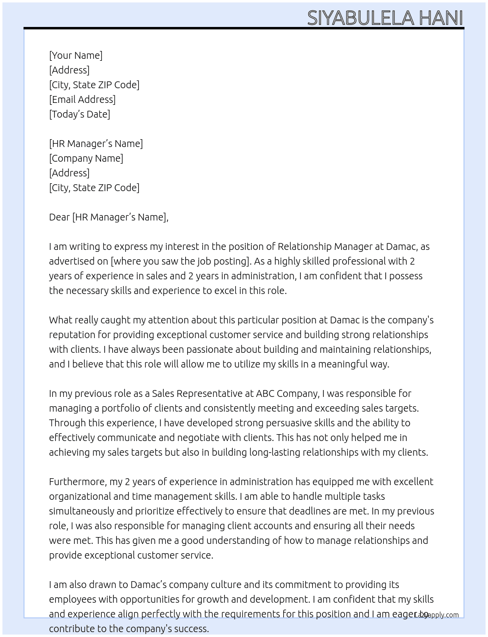 Relationship Manager At Damac  Cover Letter