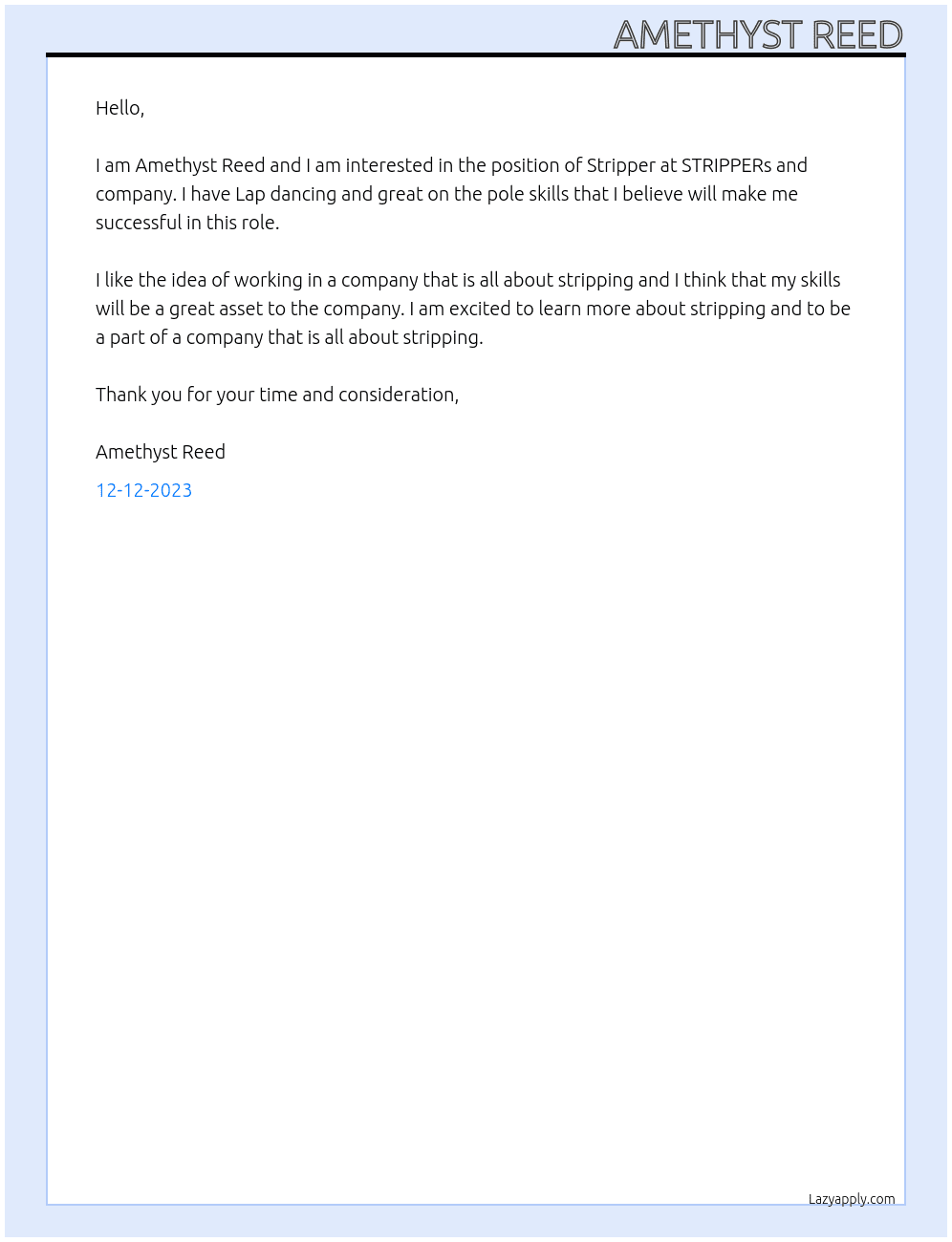 Stripper At STRIPPERs and company  Cover Letter