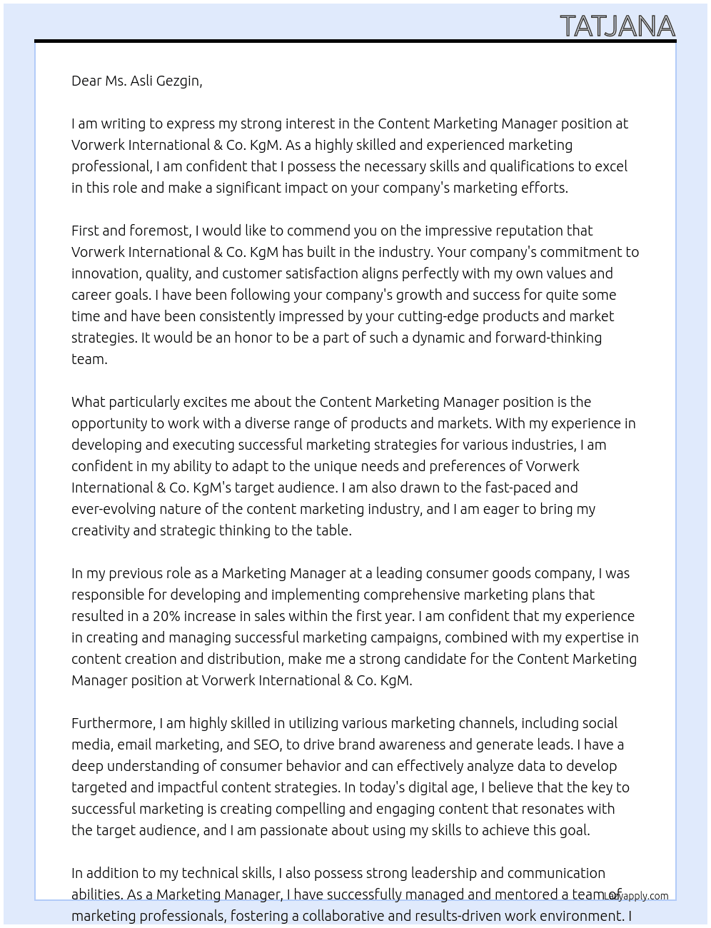 Content Marketing Manager At Vorwerk International & Co. KmG Cover Letter