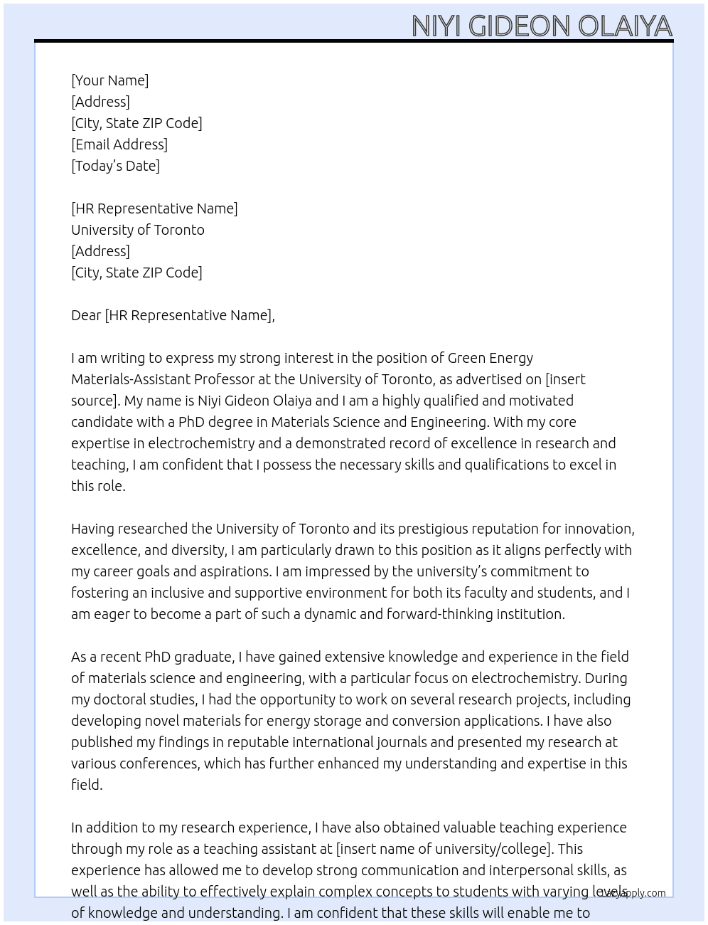 Green Energy Materials-Assistant Professor, University of Toronto At University of Toronto Cover Letter