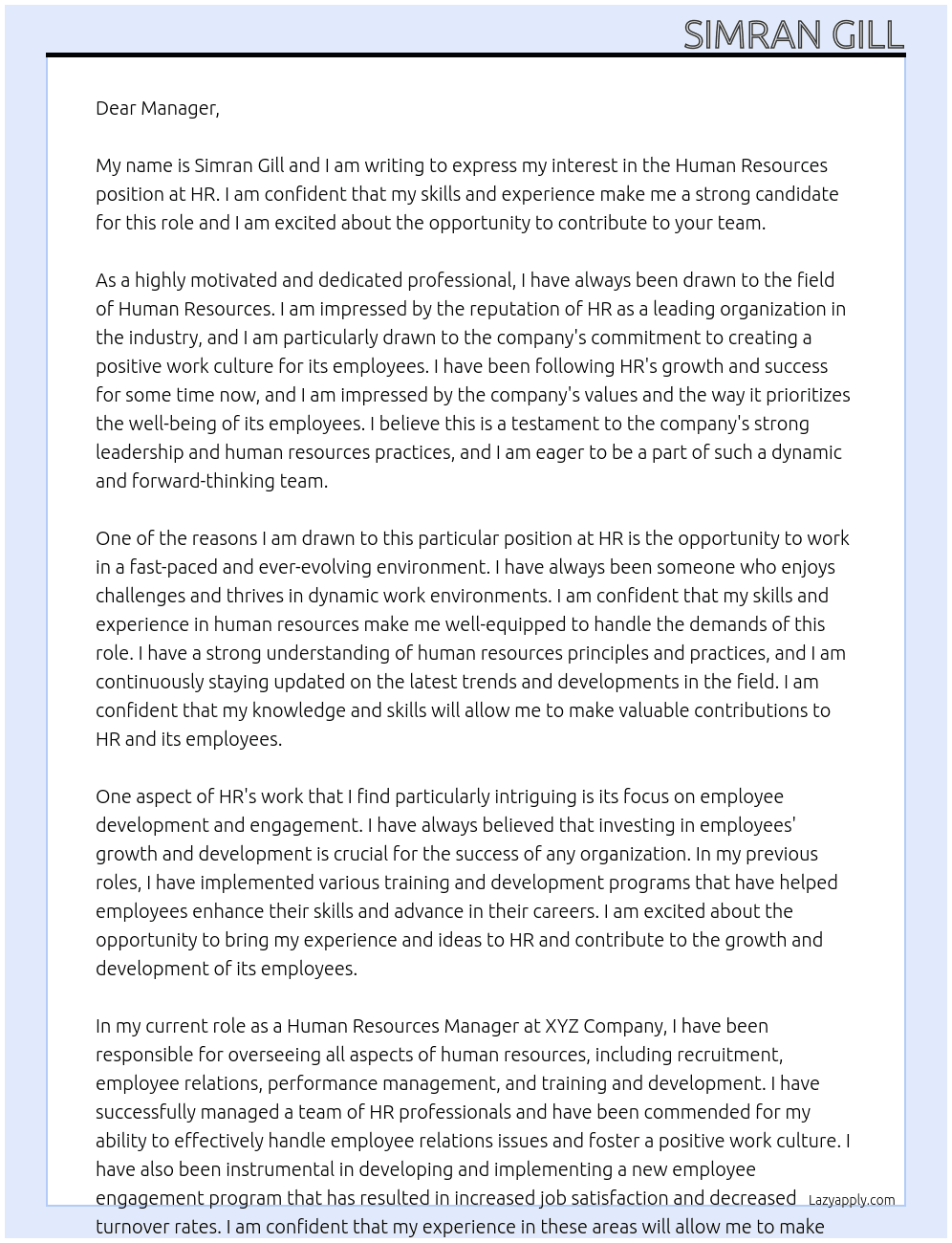 Human resources At Hr Cover Letter