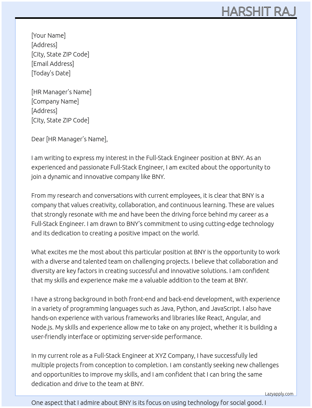 Full-Stack Engineer  At BNY Cover Letter