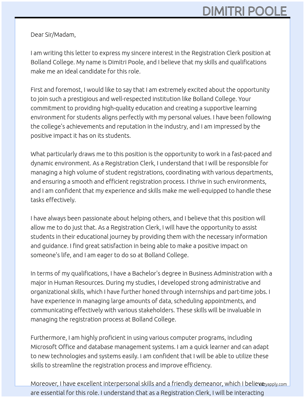 Registration Clerk At Bolland College  Cover Letter