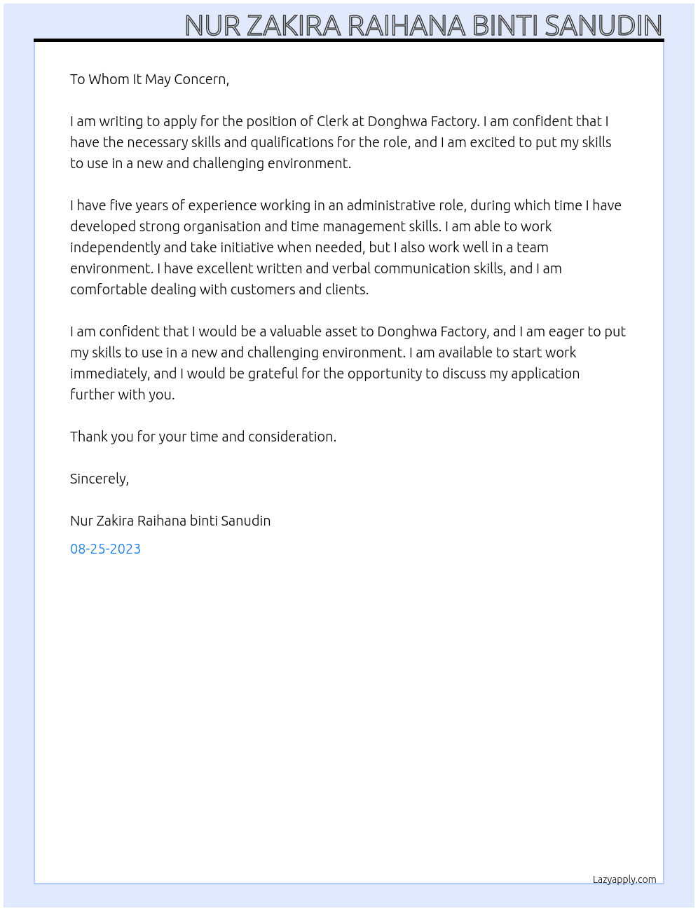 Clerk At Donghwa Factory Cover Letter