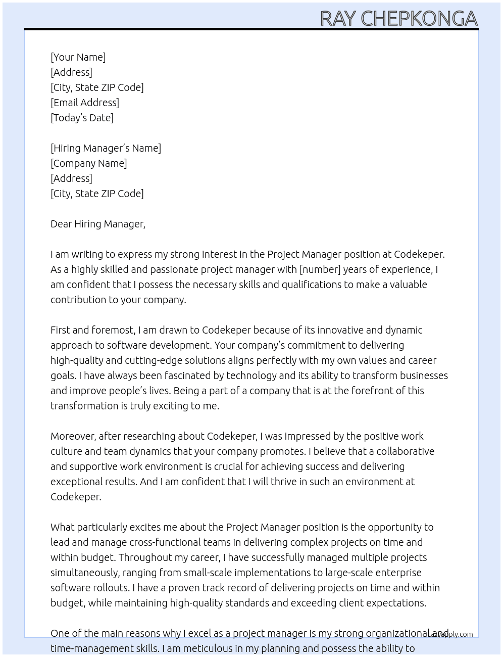 Project Manager At Codekeper Cover Letter