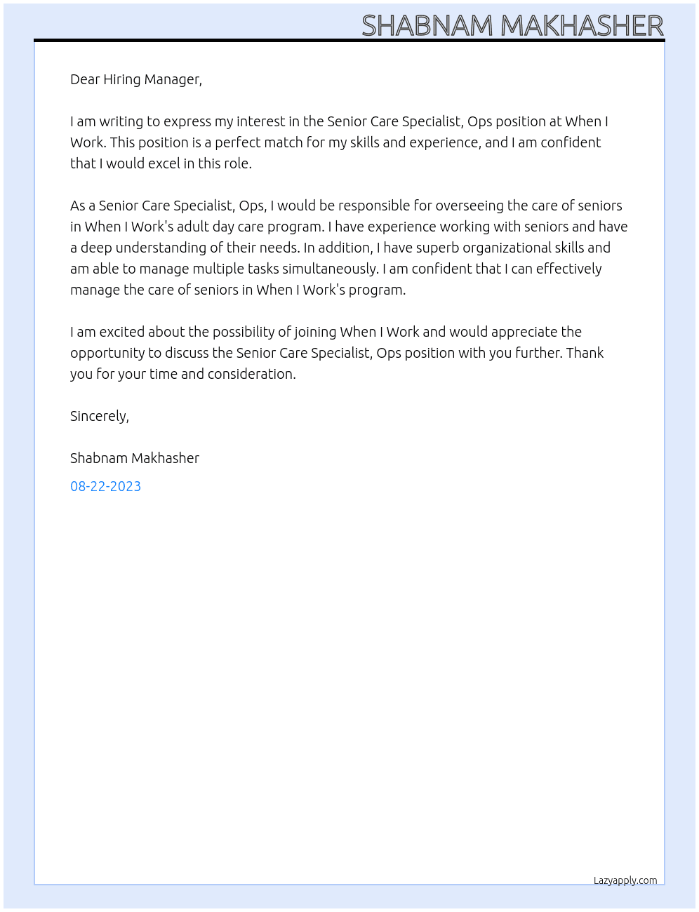 Senior Care Specialist, Ops At When I Work Cover Letter