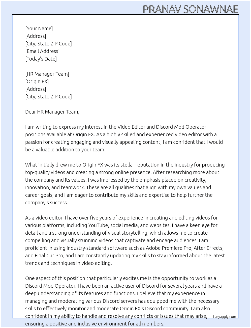 Video editor, Discord mod operator At Origin FX  Cover Letter