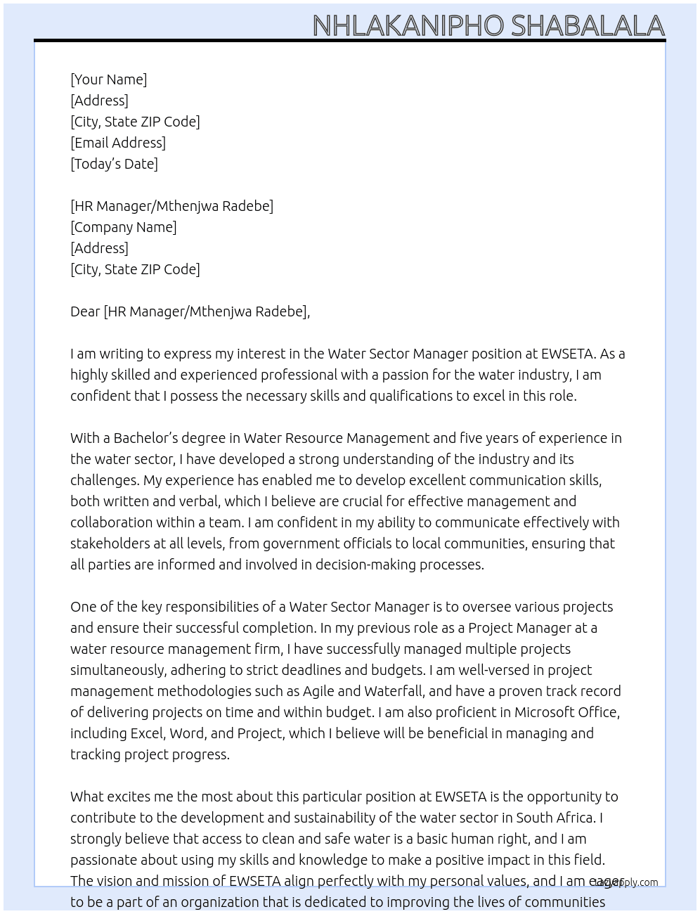 Water Sector Manager At EWSETA Cover Letter