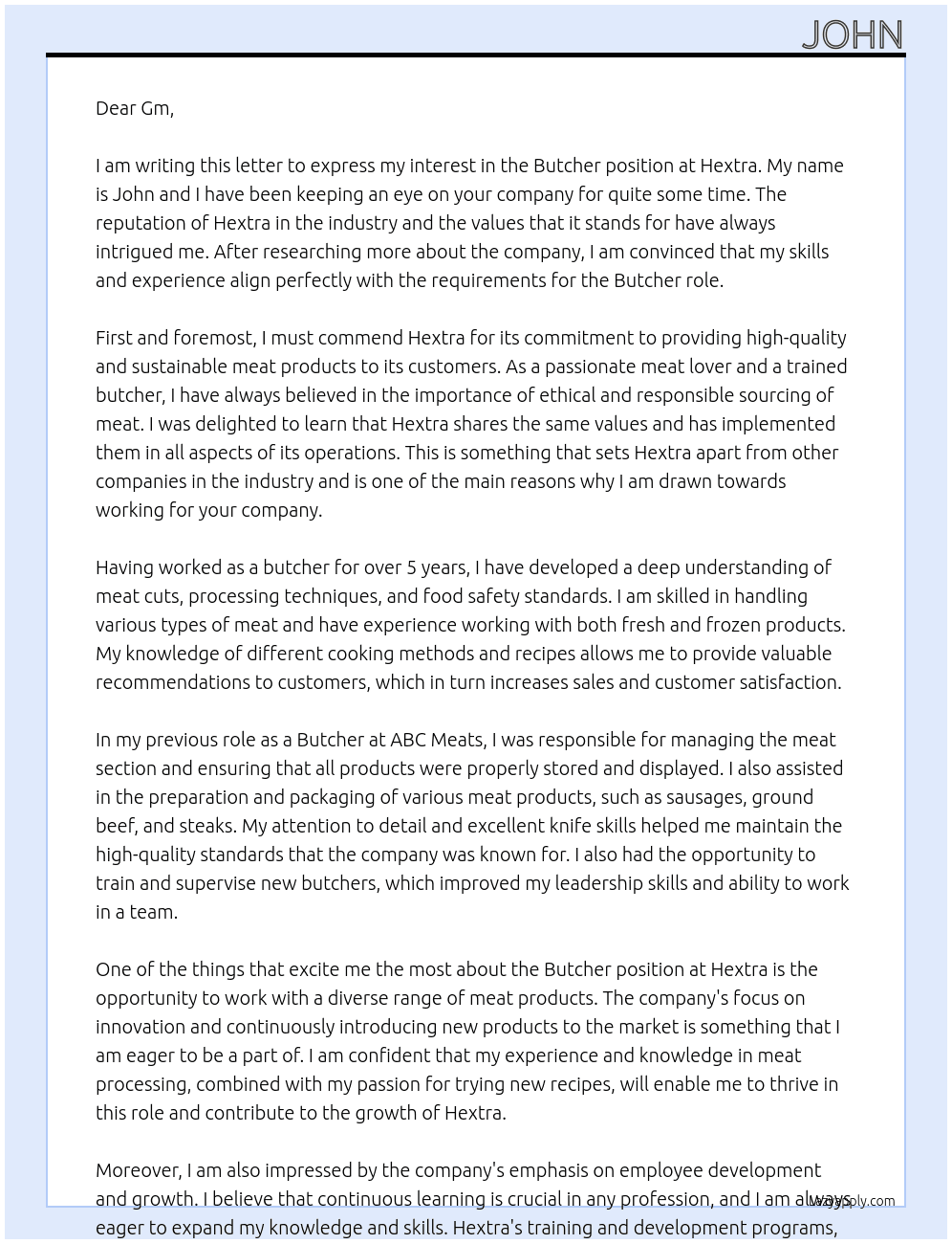 Butcher At Hextra Cover Letter