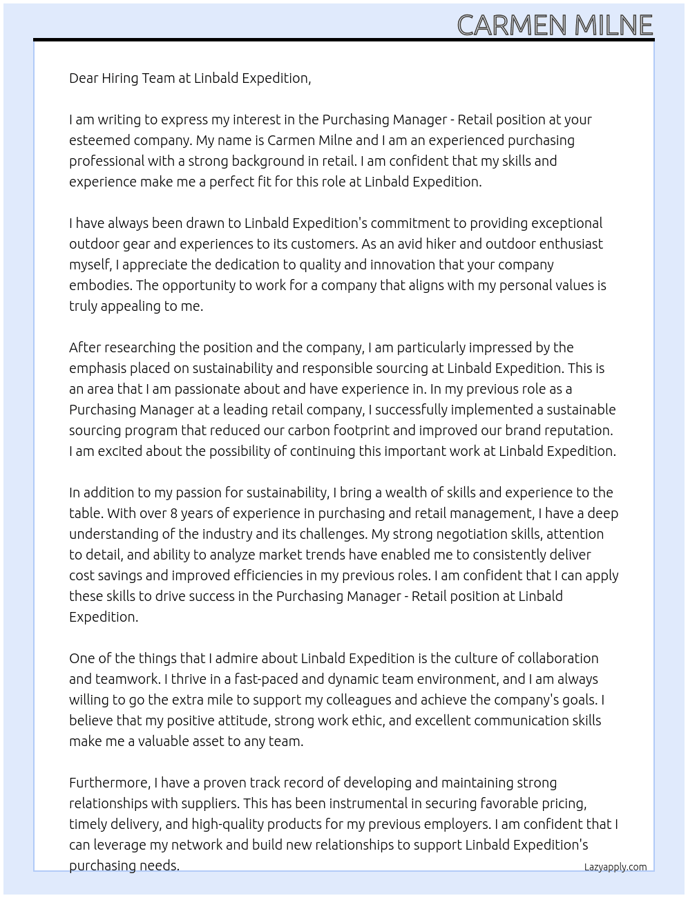 Purchasing Manager - Retail At Linbald Expedition  Cover Letter