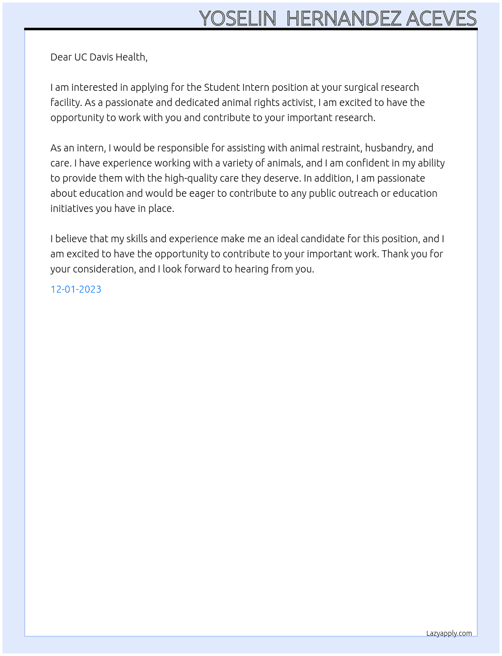 Student Intern At UC Davis Health Cover Letter