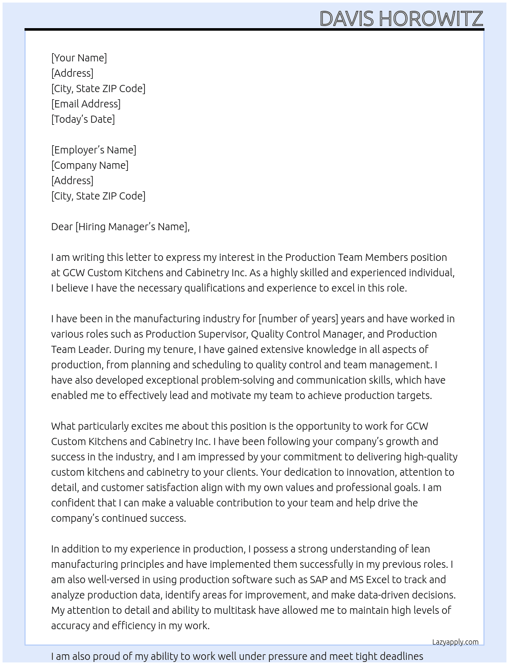 Production Team Members At GCW Custom Kitchens and Cabinetry Inc. Cover Letter