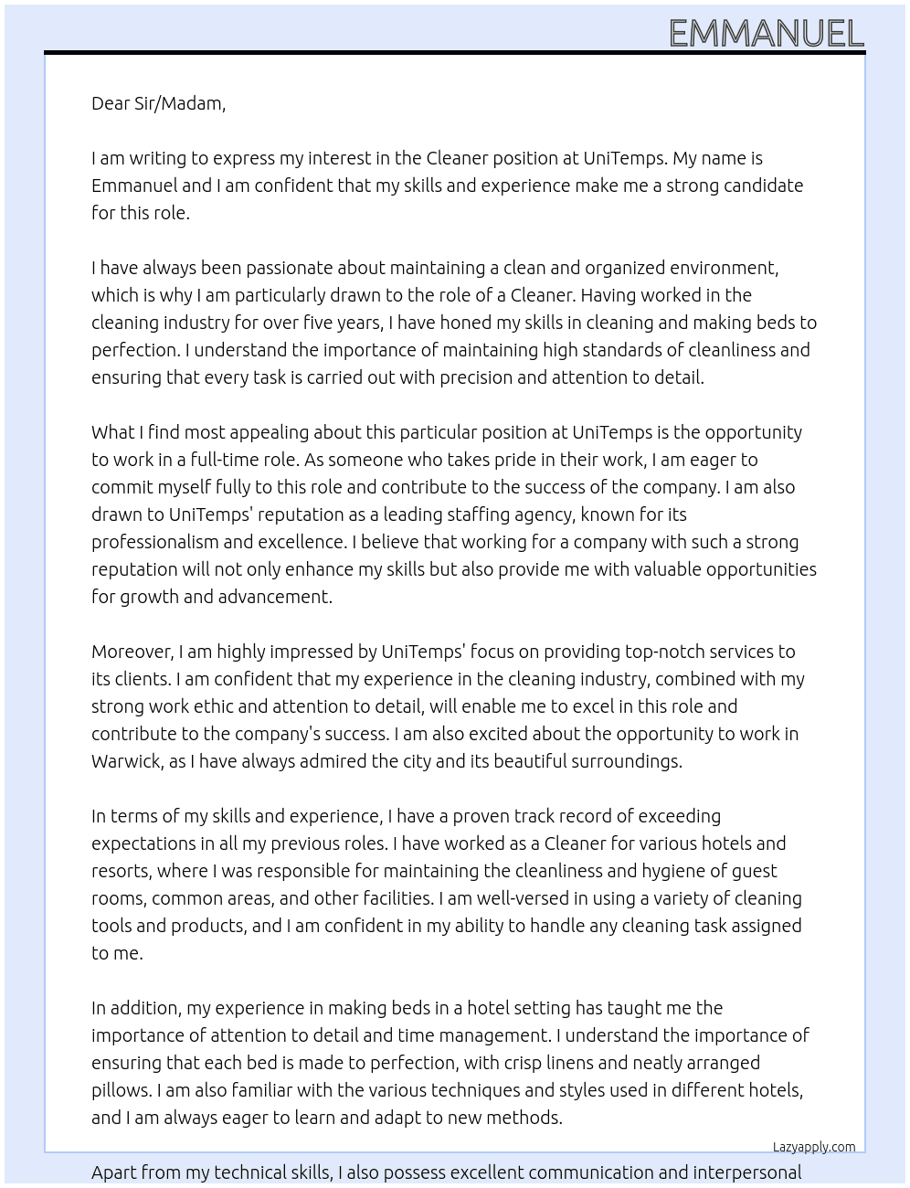 Cleaner At UniTemps Cover Letter