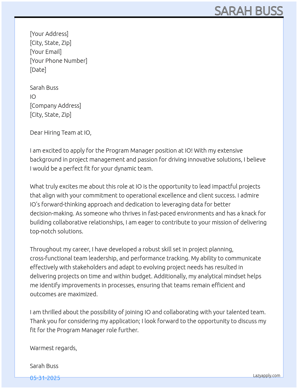 Program Manager At IO Cover Letter