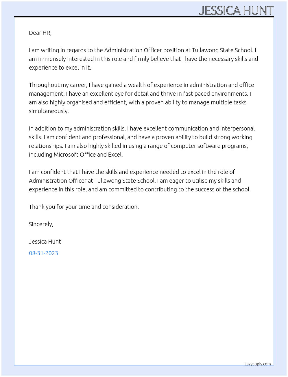 Administration Officer At Tullawong State School Cover Letter